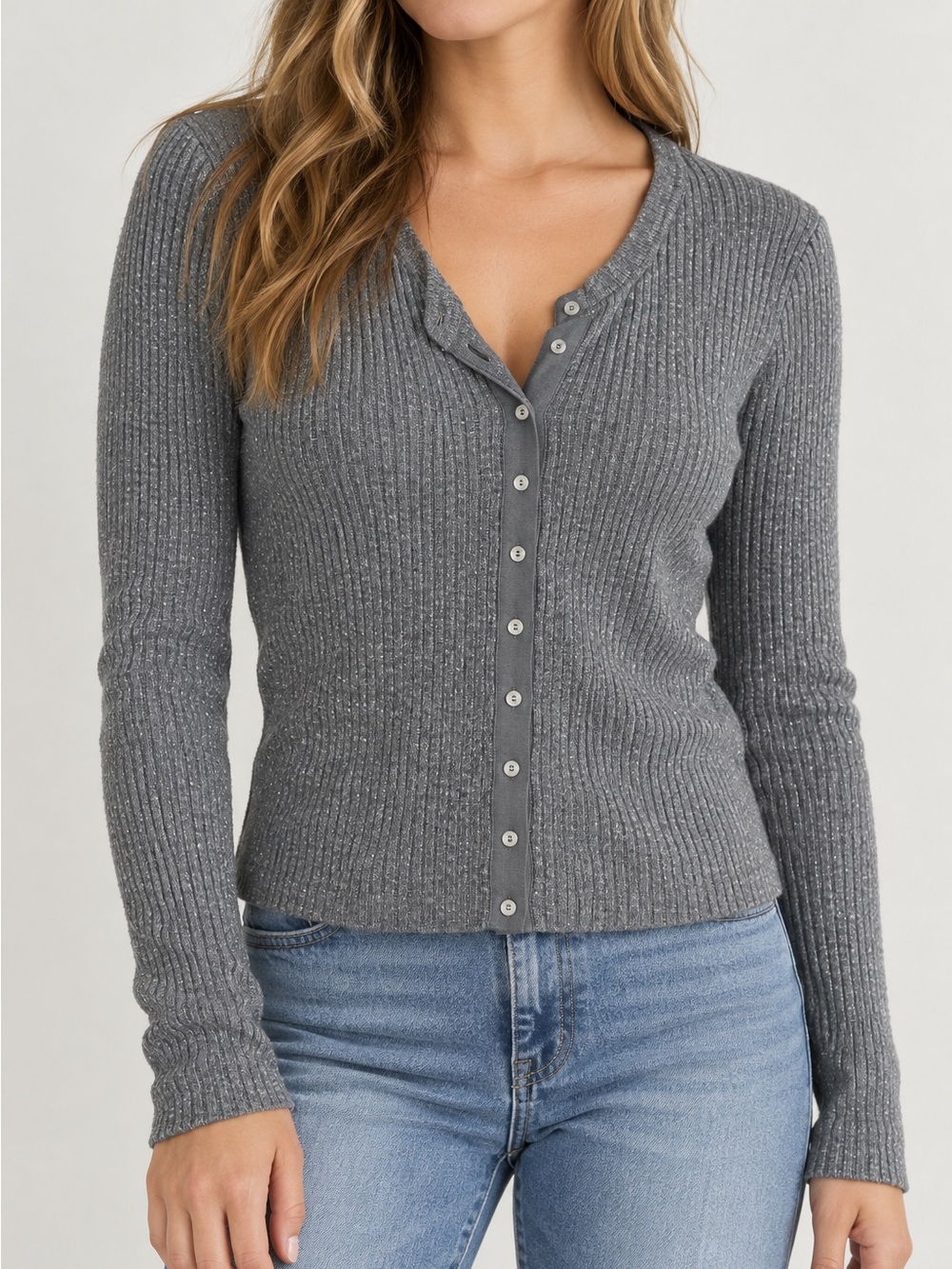 Aerie Gray Ribbed Metallic Button-Front Cardigan – Size M